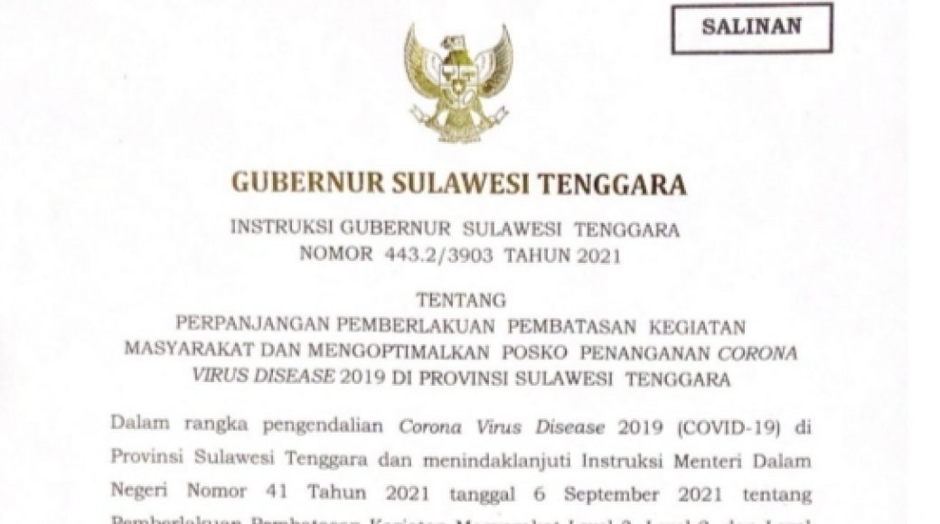 Gubernur Sultra Kembali Instruksikan Perpanjangan PPKM Hingga 20 September 2021