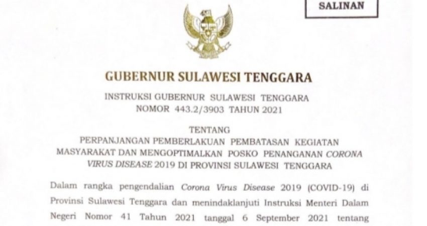 Gubernur Sultra Kembali Instruksikan Perpanjangan PPKM Hingga 20 September 2021