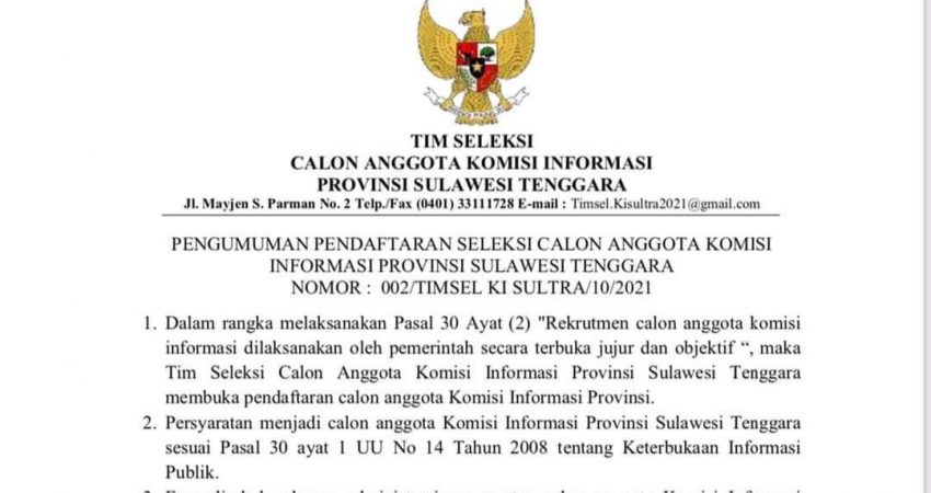 Tiga Hari Lagi, Pemprov Sultra Buka Seleksi Calon Anggota Komisi Informasi