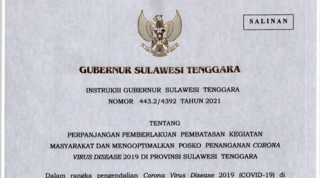PPKM Kembali Diperpanjang, Ini Isi Surat Instruksi Gubernur Sultra
