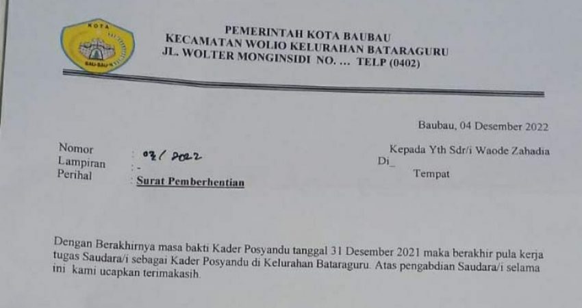 Diduga Gegara Honor, Dua Kader Posyandu di Baubau Diberhentikan