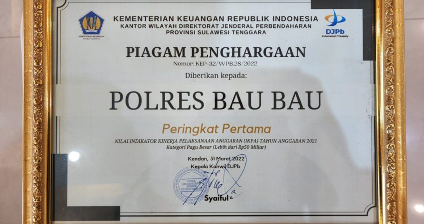 Polres Baubau Raih Treasury Award 2022 Perencana Keuangan Terbaik Se-Sultra