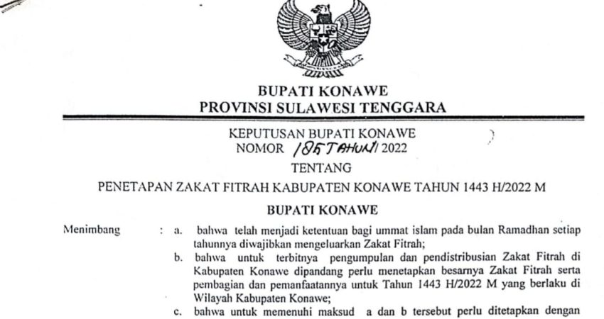 Pemda Konawe Keluarkan SK Penetapan Zakat Fitrah
