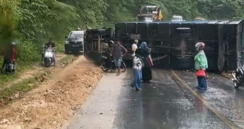 Akibat Hilang Kendali, Sebuah Dump Truck Terguling di Kawasan Hutan Warangga Muna