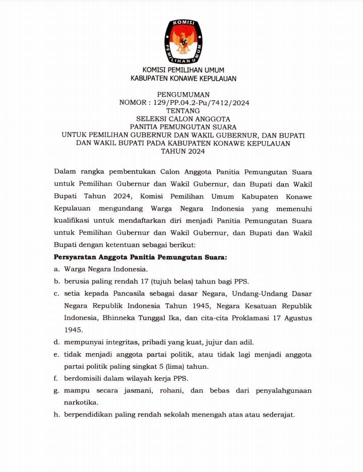 Ini Poin Syarat Anggota PPS Konawe Kepulauan