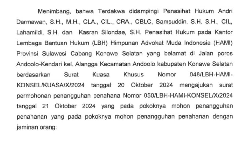 LBH HAMI Sultra Ajukan Penangguhan Penahanan, Guru di Konsel Bebas