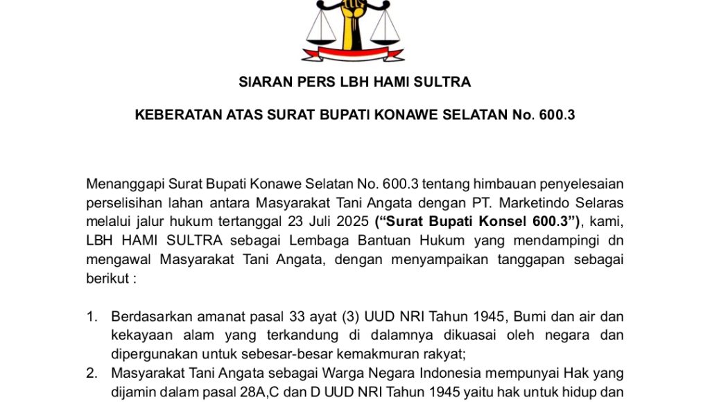 LBH HAMI Sultra Soroti Surat Bupati Konsel Berpihak ke PT. Marketindo Selaras