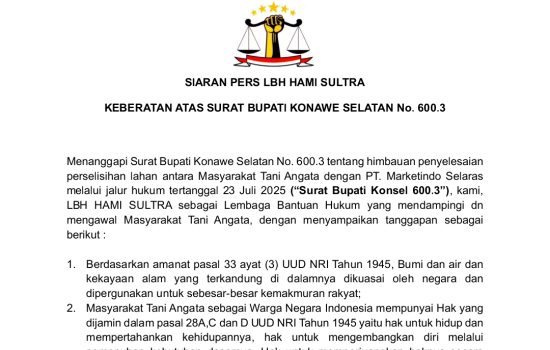 LBH HAMI Sultra Soroti Surat Bupati Konsel Berpihak ke PT. Marketindo Selaras