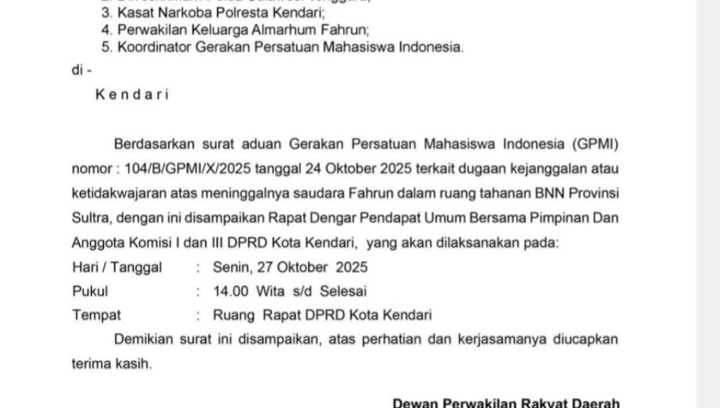 Hari Ini, DPRD Kendari Gelar RDPU Terkait Kematian Tahanan di dalam Sel BNN Sultra