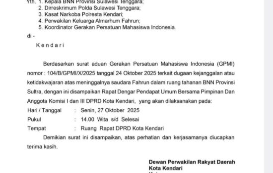 Hari Ini, DPRD Kendari Gelar RDPU Terkait Kematian Tahanan di dalam Sel BNN Sultra