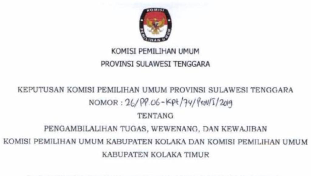 KPU Kolaka dan Koltim Beralih Wewenang, Ini Sebabnya 