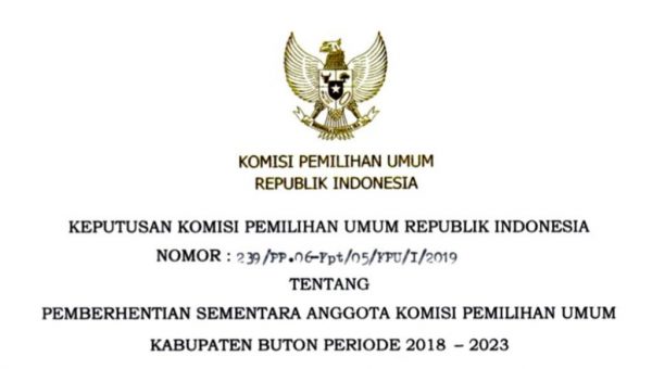 Diduga Langgar Kode Etik, Sarfan Kurnia Anggota KPU Buton Diberhentikan Sementara
