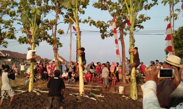Lomba panjat pohon pisang di karanganyar dalam rangka memeriahkan HUT RI ke 72 tahun 2017. FOTO : BISMA SURYA KURNIAWAN