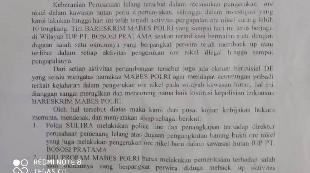 Institusi Bareskrim Mabes Polri Dicatut Bekingi Tambang di Sultra
