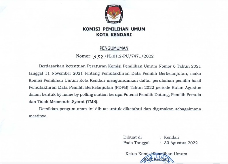 KPU Umumkan PDPB Kota Kendari Per Agustus 2022