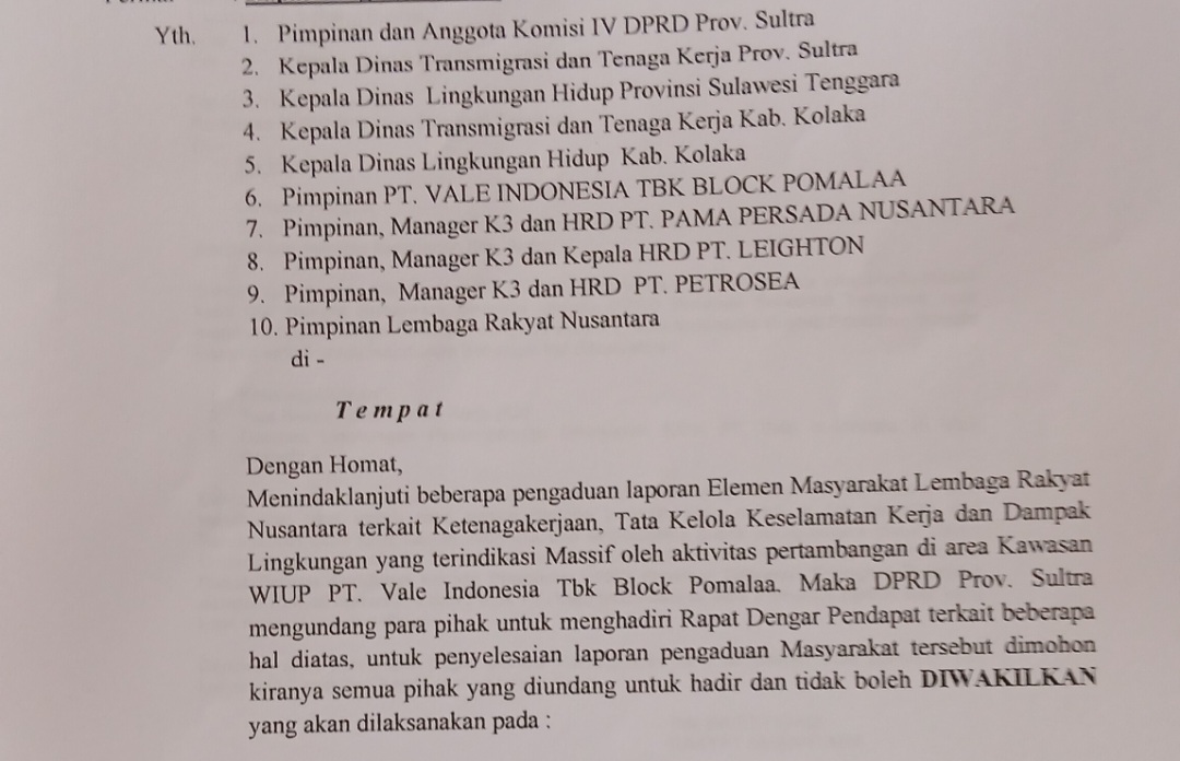 DPRD Sultra Panggil PT Vale dan Mitra Kerja Terkait Isu K3 dan Lingkungan