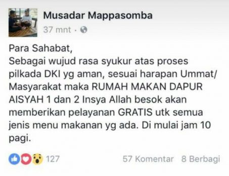 Pilgub Jakarta Berlangsung Aman, Wawali Kendari, Buka Layanan Gratis di Dapur Aisyah