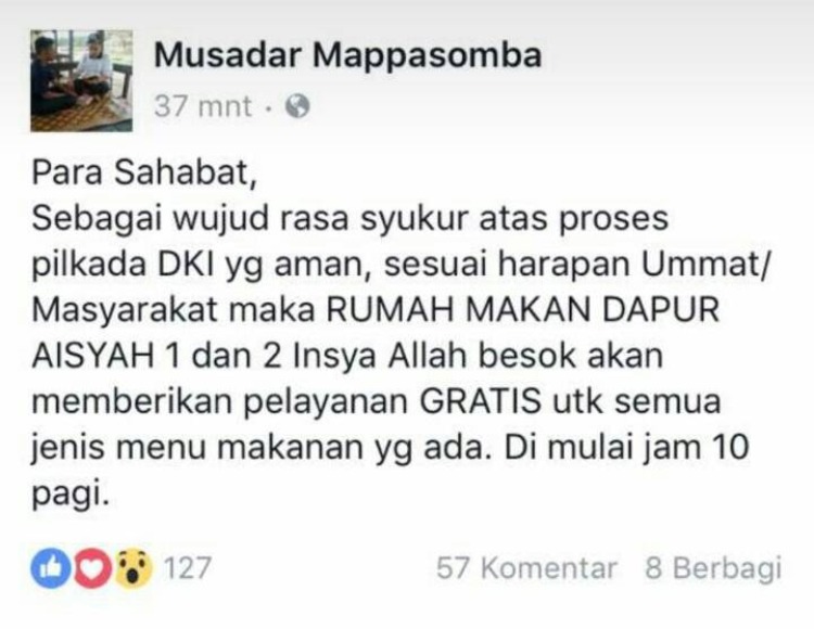 Pilgub Jakarta Berlangsung Aman, Wawali Kendari, Buka Layanan Gratis di Dapur Aisyah