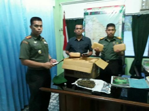 Kodim 0104/Atim Letkol Inf Amril Haris Isya Siregar, SE bersama anggotanya saat menunjukkan barang bukti ganja kering yang berhasil diamankan oleh anggotanya. FOTO : ROBY SINAGA