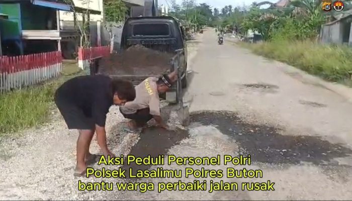 Inisiatif Polisi Lasalimu, Jalan Rusak Ditutup Aspal Seadanya