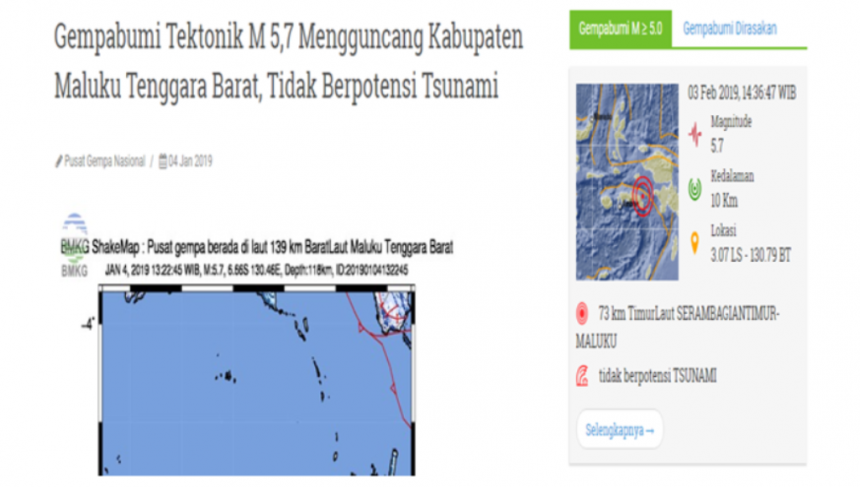 Gempabumi Tektonik M 5,7 Guncang Maluku Tenggara Barat, Tidak Berpotensi Tsunami